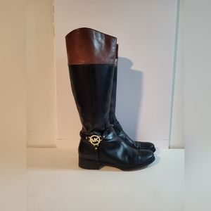 MICHAEL KORS BLACK/BROWN LEATHER RIDING BOOTS. SIZE 10